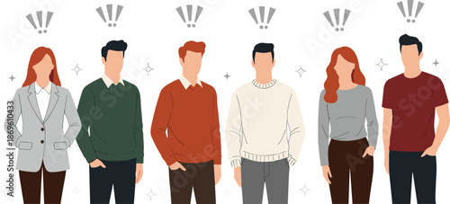 Surprised people characters standing together with exclamation marks, diverse group reaction concept flat vector illustration