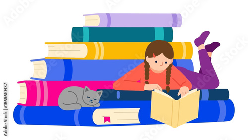 Young girl lying on a pile of books reading with a cat.
