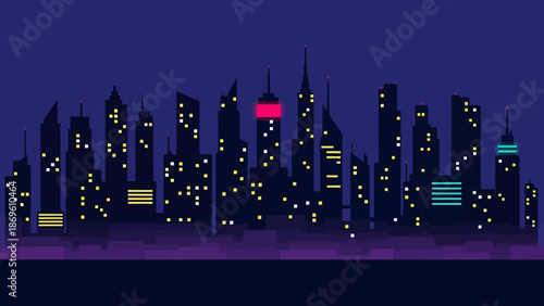 City skyline at dusk with vibrant neon lights.