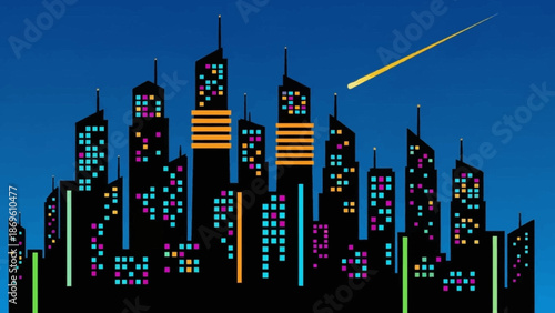 Vibrant City Skyline with Shooting Star at Dusk.