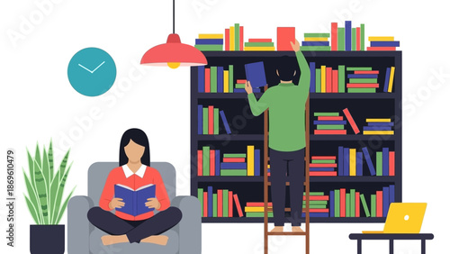 Woman reading a book while another person organizes bookshelves.