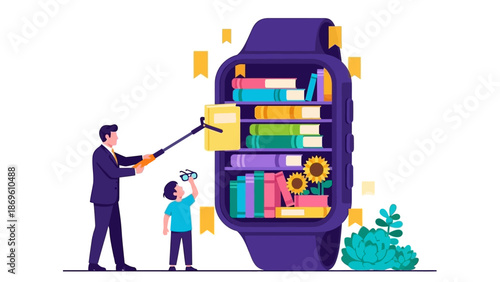 Man and child standing next to a giant smartwatch filled with colorful books and gears.