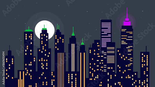 City skyline at night with illuminated skyscrapers and full moon.