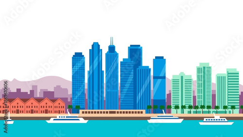 Modern City Skyline with Skyscrapers and Boats on the Waterfront.