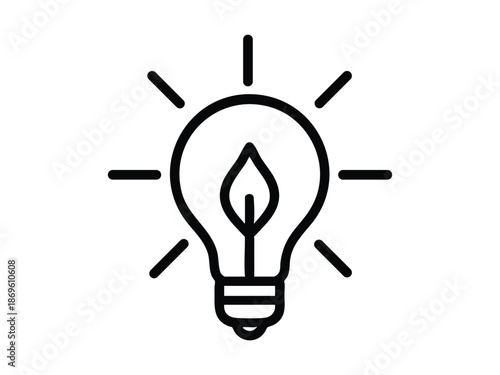 A lightbulb with a leaf inside radiating lines a minimalist silhouette