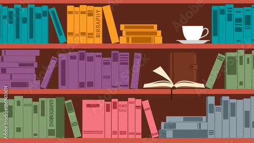 Colorful bookshelves with books and a cup of coffee.