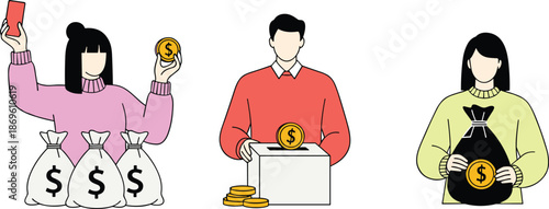 People managing money, putting gold coins in box and bags, financial savings, investment, charity donation, wealth growth, personal finance management, economy concept