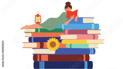 Woman Relaxing on a Stack of Colorful Books with a Flower.