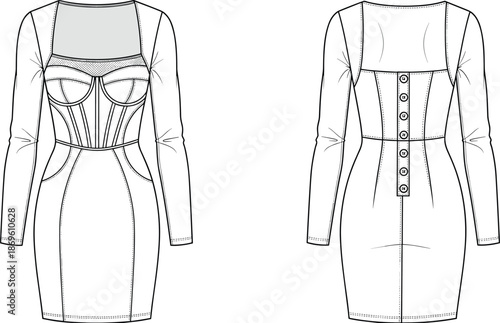 Front and back technical fashion illustration of fitted long sleeve corset style dress with structured bodice and button back for apparel design use
