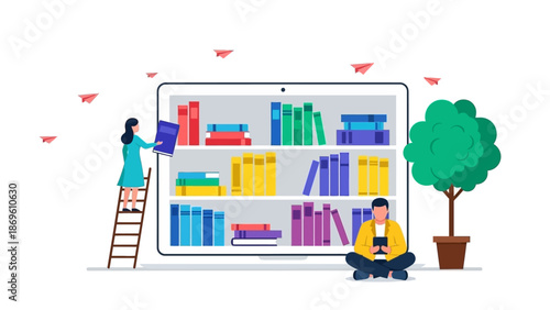 Man sitting beside a giant digital bookshelf with a woman on a ladder.