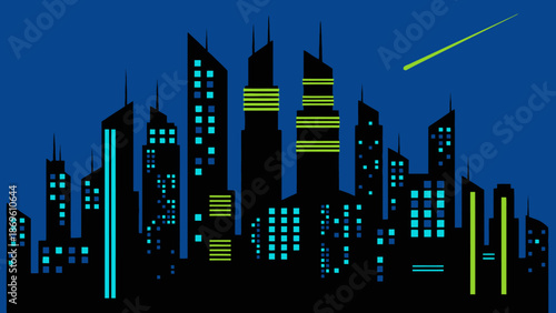 City skyline with illuminated skyscrapers at night.