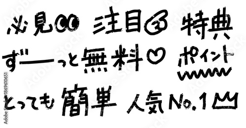 広告などに使える注目や必見の手書き文字セット　インクローラーで書いたグランジのある太い文字