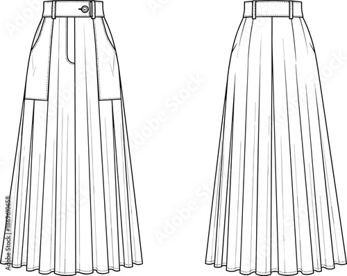 Front and back technical fashion illustration of high waist pleated long skirt with pockets belt loops for apparel design use