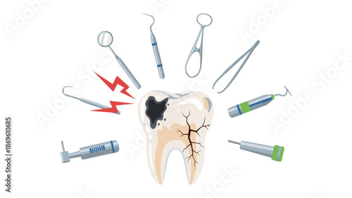 Damaged tooth surrounded by various dental instruments, including drills and explorers, illustrating dental issues and the tools used for treatment.