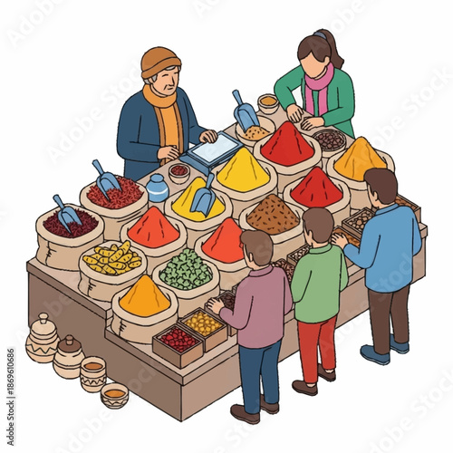 People buying spices at a vibrant market stall.