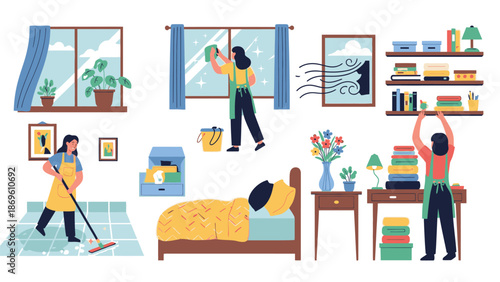 People cleaning and organizing various rooms in a house from different viewpoints