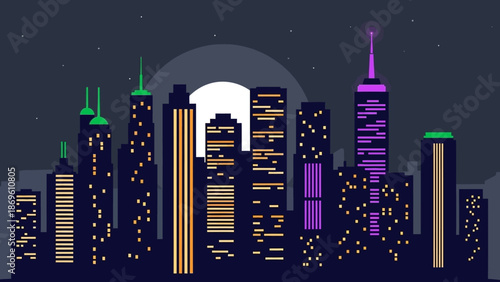 City skyline at night with vibrant skyscrapers and full moon.