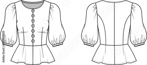 Front and back view of button front peplum blouse with puff sleeves technical fashion illustration for apparel design and production
