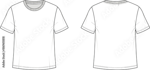 Front and back view of classic crew neck t shirt technical fashion illustration for apparel design, printing, and clothing production