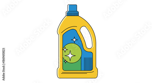 Colorful illustration of a bottle of laundry detergent featuring sparkling clean icons representing effective washing and fresh household hygiene.