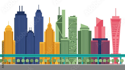 Vibrant City Skyline with Diverse Skyscrapers and Urban Landscape.