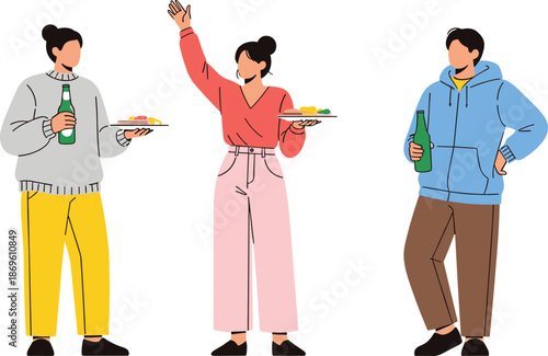 Set of people character celebrating at house party holding beer bottles and food plates with young friends socializing at casual social gathering