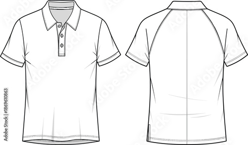 Front and back view of classic polo shirt technical fashion illustration for apparel design, manufacturing, merchandising, and clothing specification