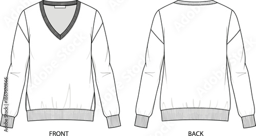 Front and back view of classic V-neck sweater technical fashion illustration for apparel design, manufacturing, and clothing specification sheets