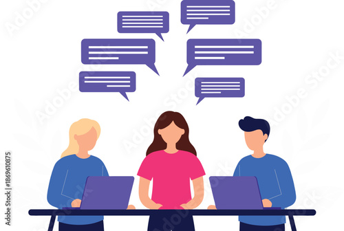Team communication and online collaboration concept with people using laptops and chat message bubbles flat vector illustration