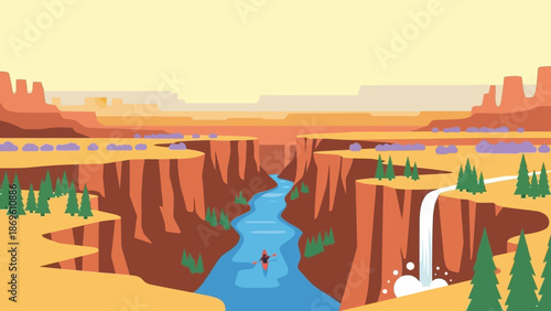 Serene Canyon Landscape with River and Waterfall Illustration.