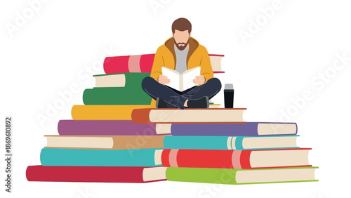 Man sitting on a large stack of colorful books reading a book.