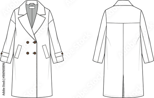 Front and back view of double breasted long coat technical fashion illustration, tailored overcoat design, flat apparel template