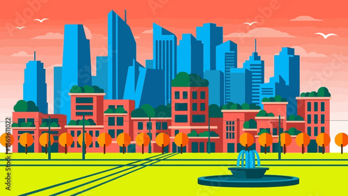 Vibrant Cityscape with Modern Skyscrapers and Park.