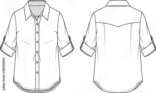 Front and back view of roll up sleeve button down shirt technical fashion illustration for apparel design, manufacturing, and clothing specification