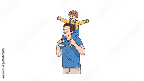Father carrying his joyful child on his shoulders, symbolizing a happy family outing and carefree childhood.