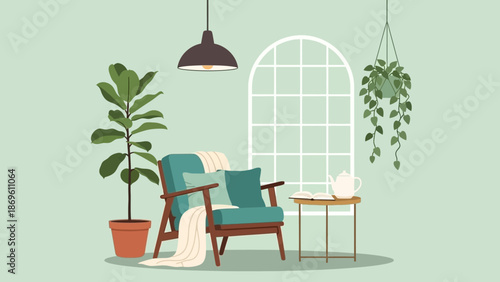 Cozy reading nook with green armchair and plants.