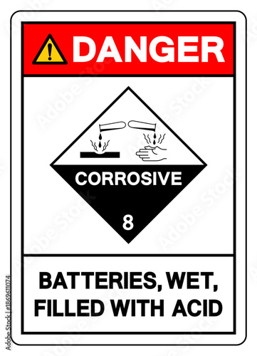 Danger Batteries Wet Filled Whit Acid Symbol Sign, Vector Illustration, Isolate On White Background, Label.EPS10