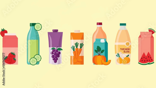 Assorted fruit juice cartons and bottles with various flavors.