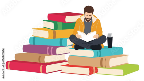 Man sitting on a pile of colorful books reading a book.
