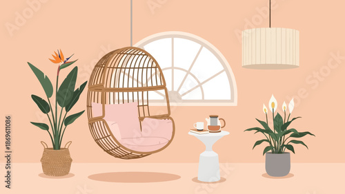 Cozy home interior with hanging chair and potted plants.