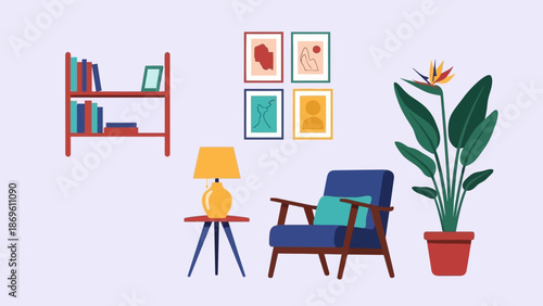 Cozy living room with chair, bookshelf, lamp, and potted plant.