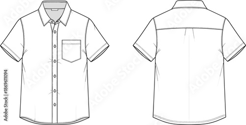 Front and back view of short sleeve button up shirt technical fashion illustration, collared casual shirt, flat apparel design template