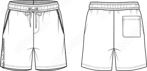 Front and back view technical fashion illustration of blank men athletic shorts with drawstring waistband template for apparel design