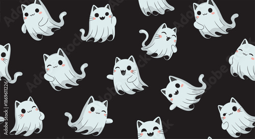 Adorable seamless pattern of cute cartoon ghost cats with playful expressions on a dark black background ideal for Halloween decorations and festive designs.