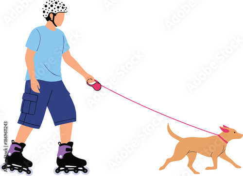 Young man wearing helmet rollerblading while walking his dog on leash, active lifestyle concept, outdoor fitness, urban recreation, flat vector illustration.