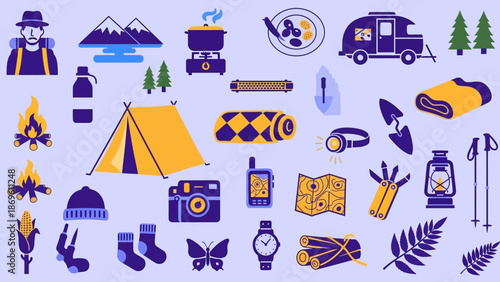 Camping and Hiking Icons Set with Various Outdoor Elements.