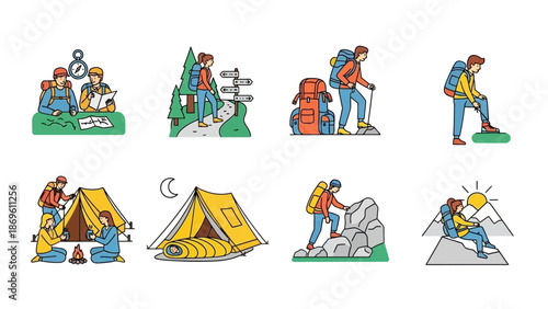 Camping and Hiking Illustrations with People and Tents.