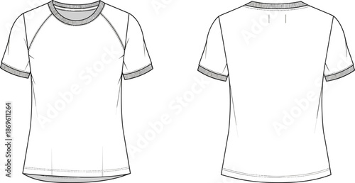 Front and back view technical fashion illustration of blank short sleeve raglan t-shirt template for apparel design mockup