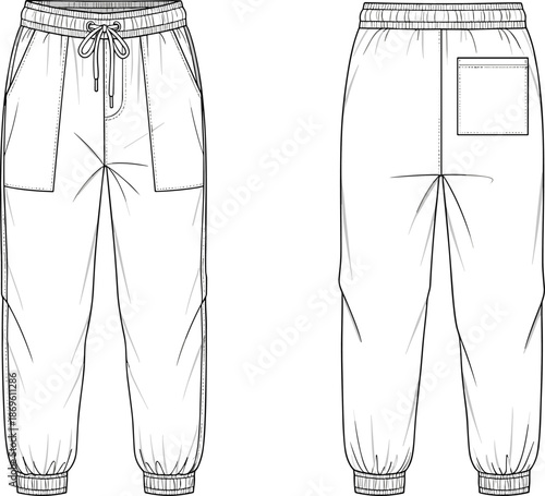 Front and back view technical fashion illustration of men cargo jogger pants with elastic cuffs and drawstring waistband template for apparel design