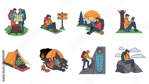Camping Adventure Icons Set Illustration.